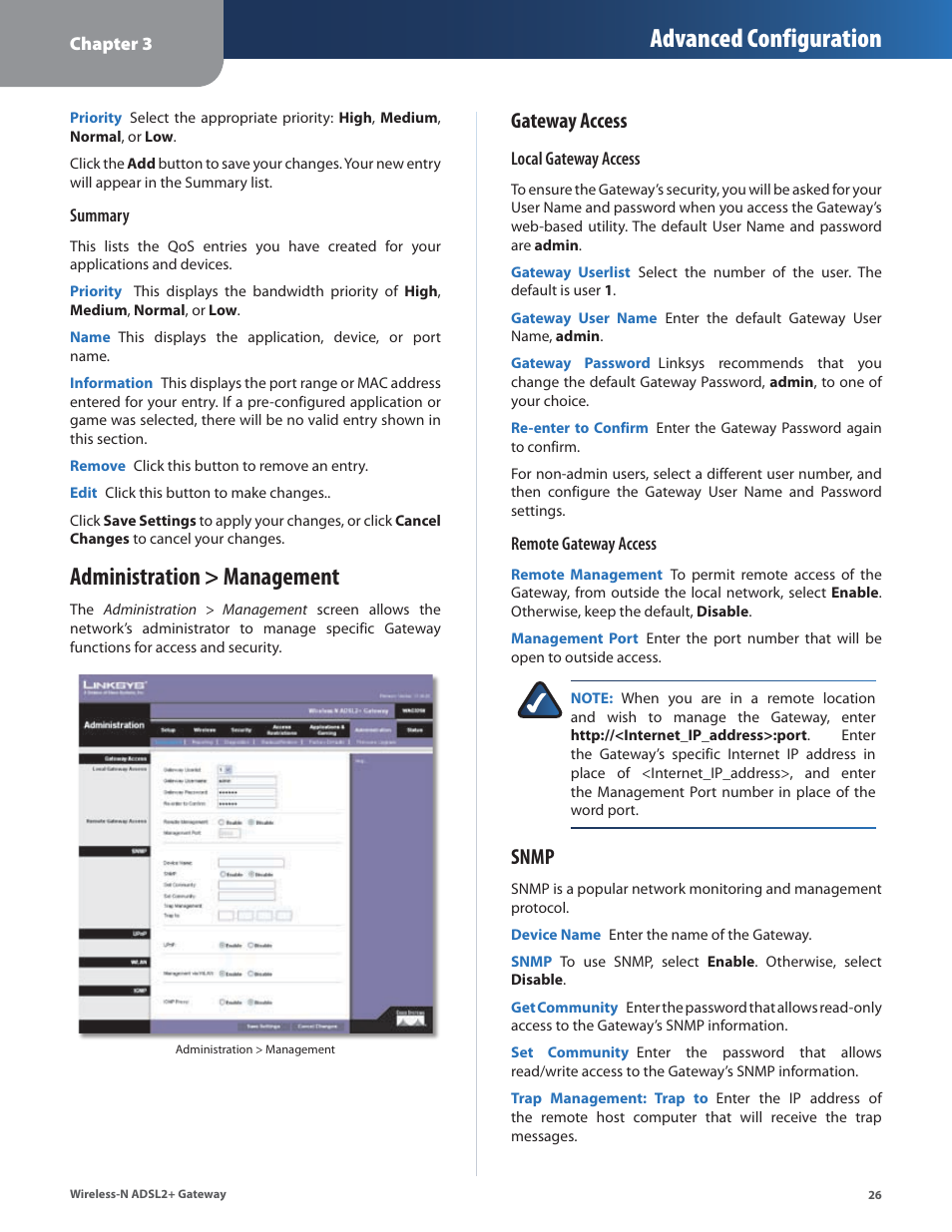 Administration > management, Advanced configuration, Gateway access | Snmp | Linksys WAG325N User Manual | Page 27 / 43
