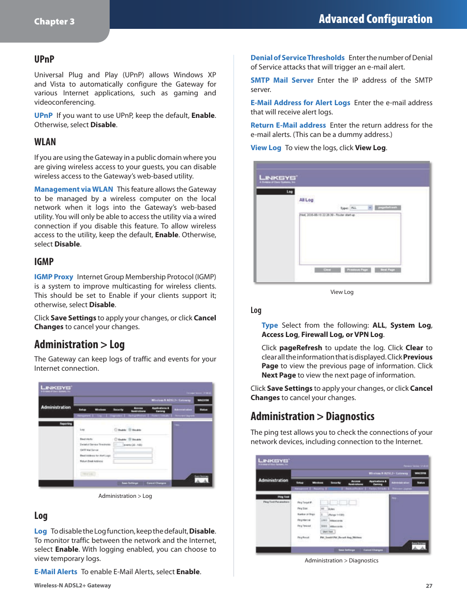 Administration > diagnostics, Advanced configuration, Administration > log | Upnp, Wlan, Igmp | Linksys WAG325N User Manual | Page 28 / 43