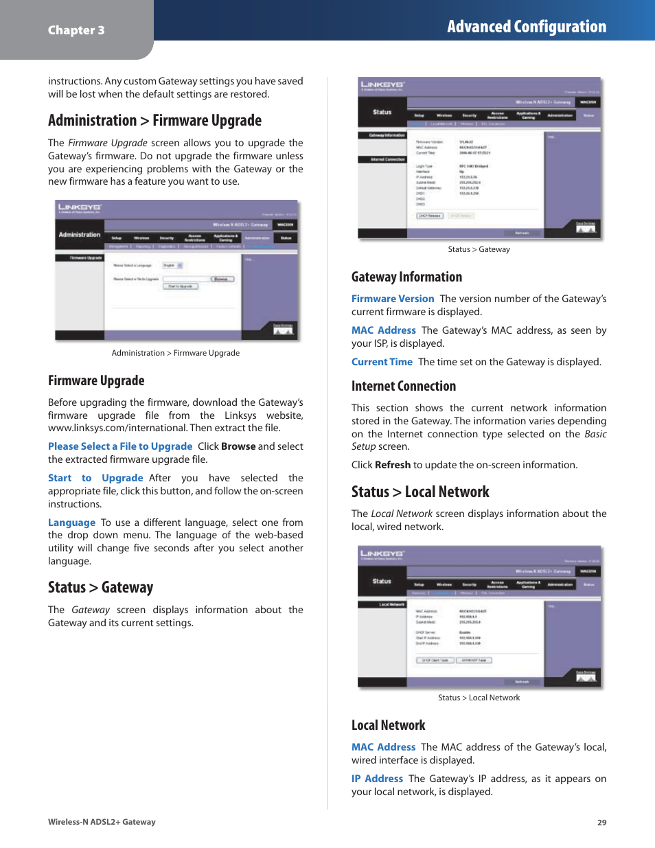 Administration > firmware upgrade, Status > gateway, Status > local network | Advanced configuration, Firmware upgrade, Gateway information, Internet connection, Local network | Linksys WAG325N User Manual | Page 30 / 43