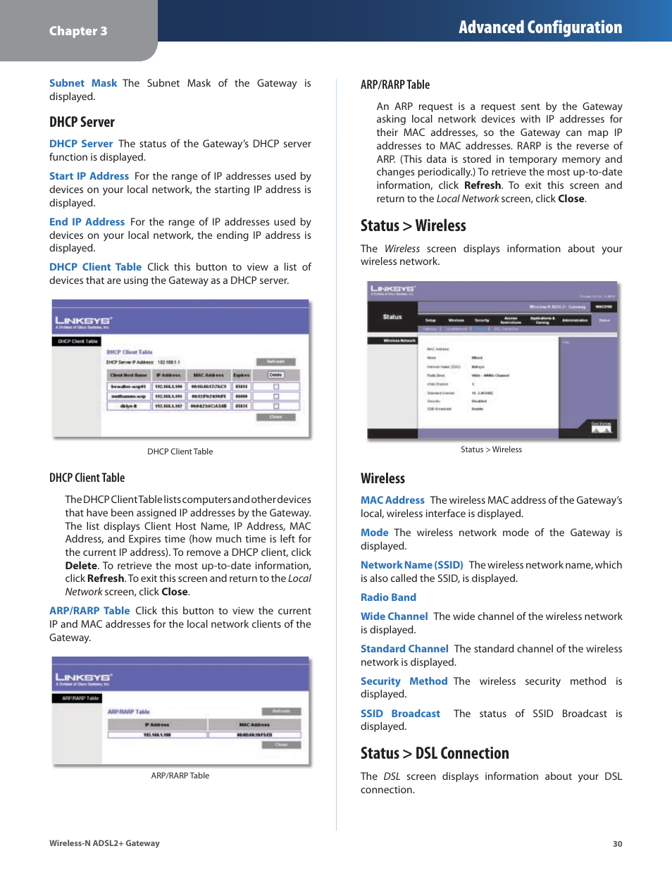 Status > wireless, Status > dsl connection, Status > wireless status > dsl connection | Advanced configuration, Dhcp server, Wireless | Linksys WAG325N User Manual | Page 31 / 43