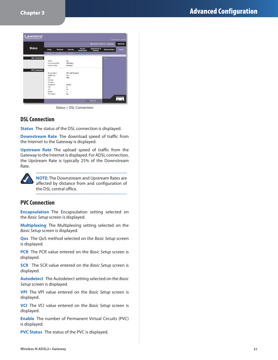 Advanced configuration, Dsl connection, Pvc connection | Linksys WAG325N User Manual | Page 32 / 43
