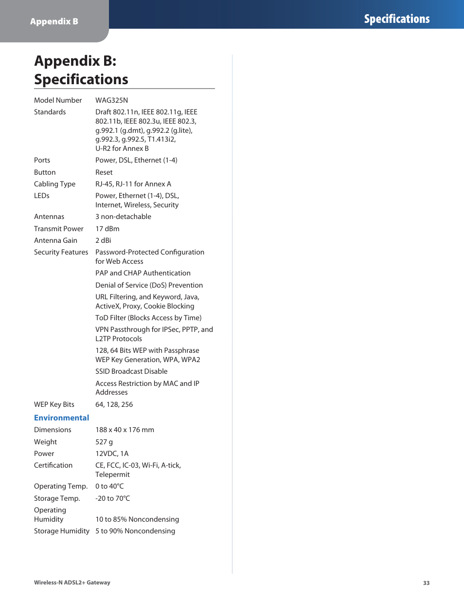 Appendix b: specifications, Appendx b: specfcatons, Specifications | Linksys WAG325N User Manual | Page 34 / 43