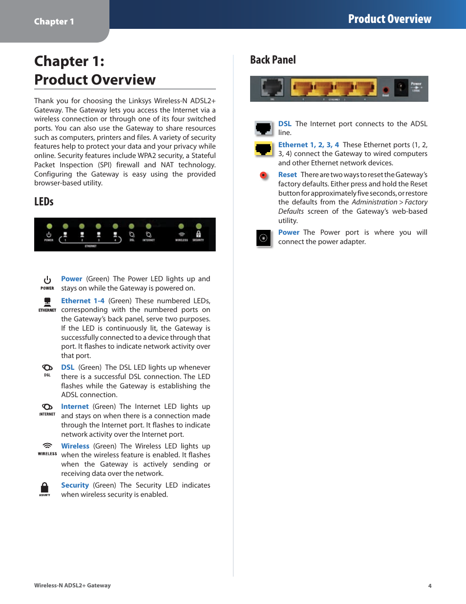 Chapter 1: product overview, Leds, Back panel | Leds back panel, Chapter 1: product overvew, Product overview | Linksys WAG325N User Manual | Page 5 / 43