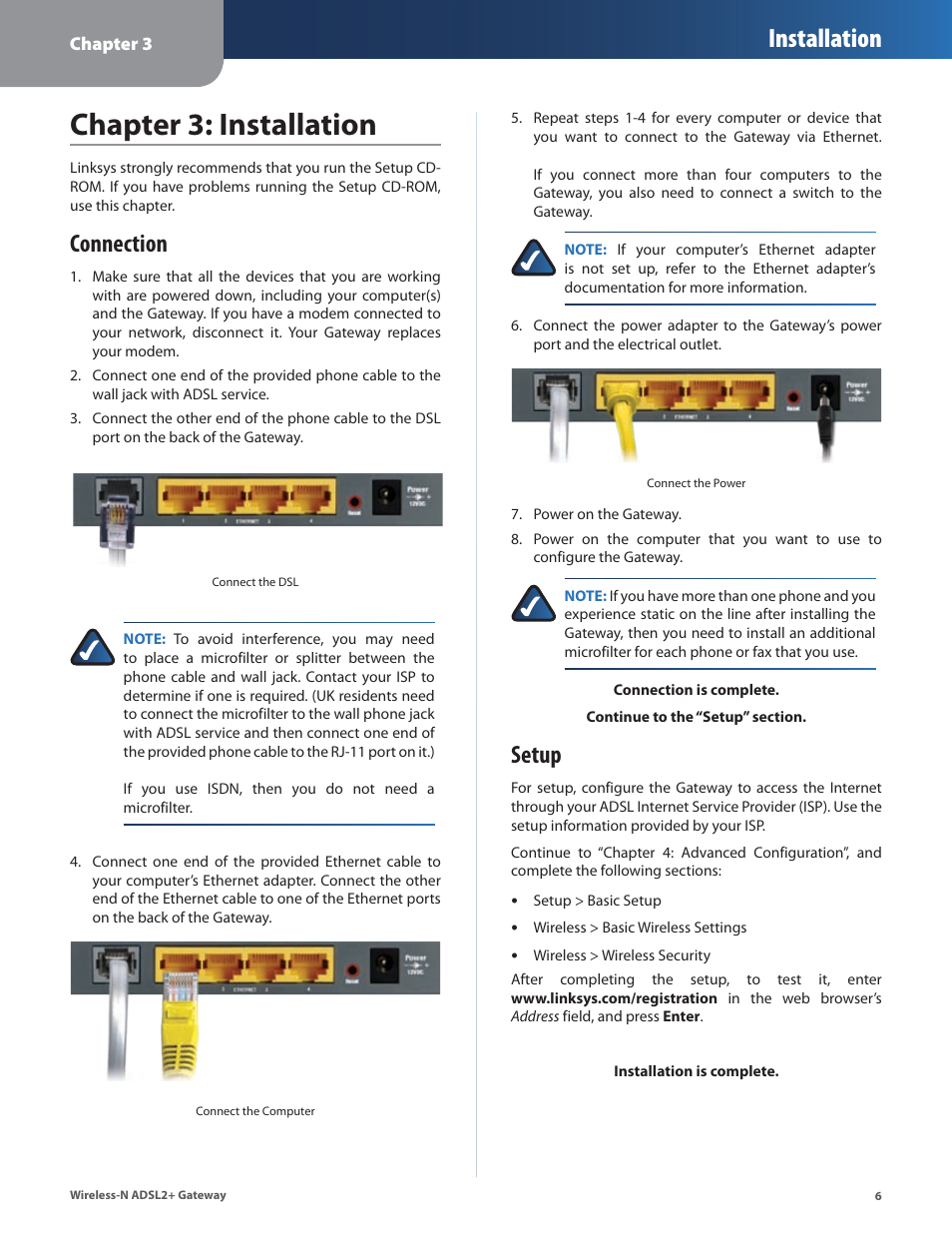 Chapter 3: installation, Connection, Setup | Connection setup, Chapter 3: installaton, Installation | Linksys WAG325N User Manual | Page 7 / 43