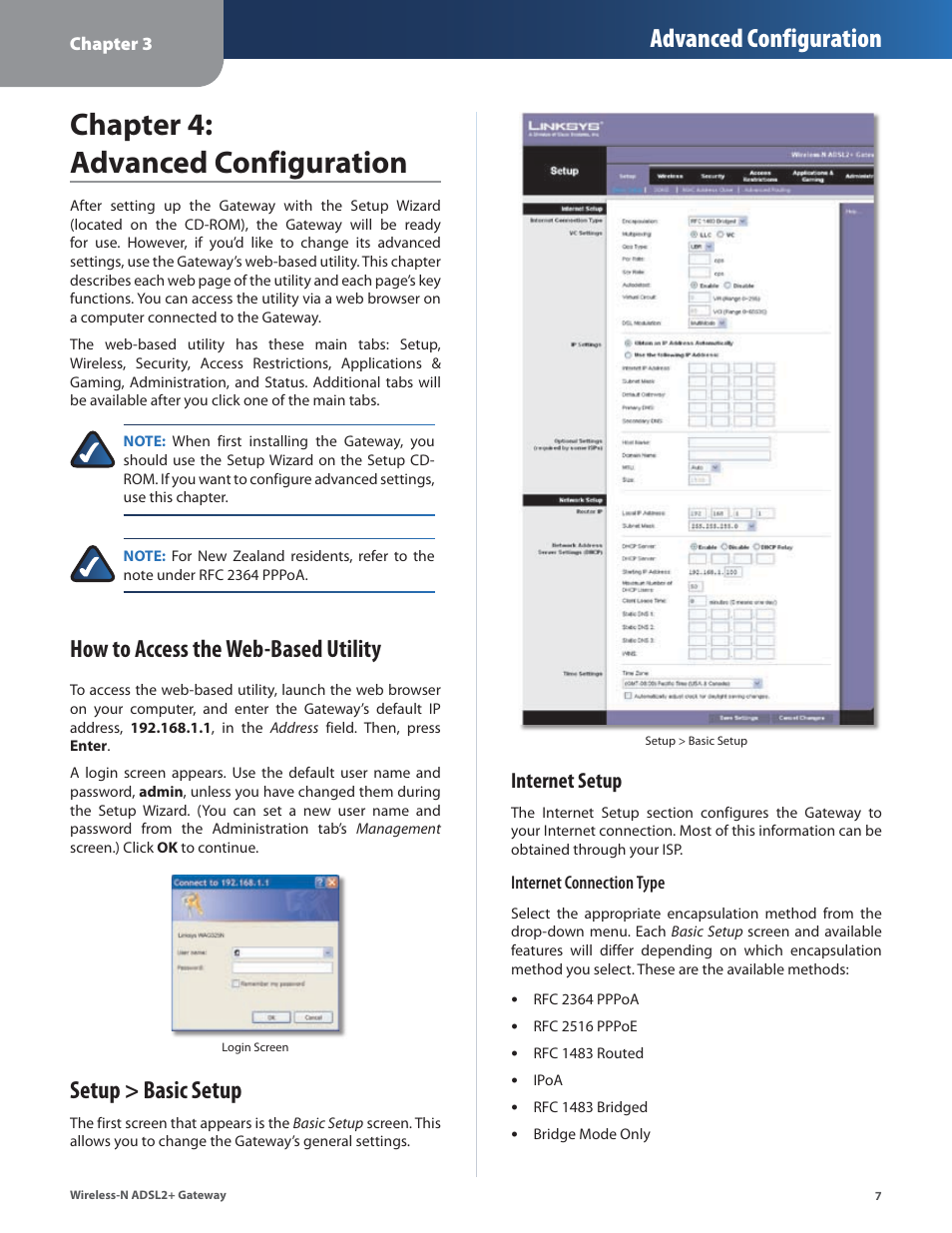 Chapter 4: advanced configuration, Setup > basic setup, Chapter : advanced confguraton | Advanced configuration, How to access the web-based utility, Internet setup | Linksys WAG325N User Manual | Page 8 / 43