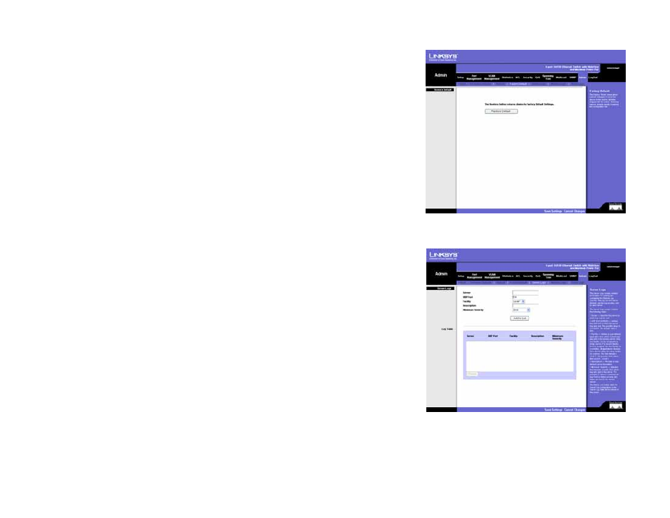 Admin tab - factory defaults, Admin tab - server logs | Linksys SRW208 User Manual | Page 102 / 142