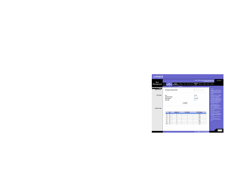 Port management tab - lacp | Linksys SRW208 User Manual | Page 49 / 142