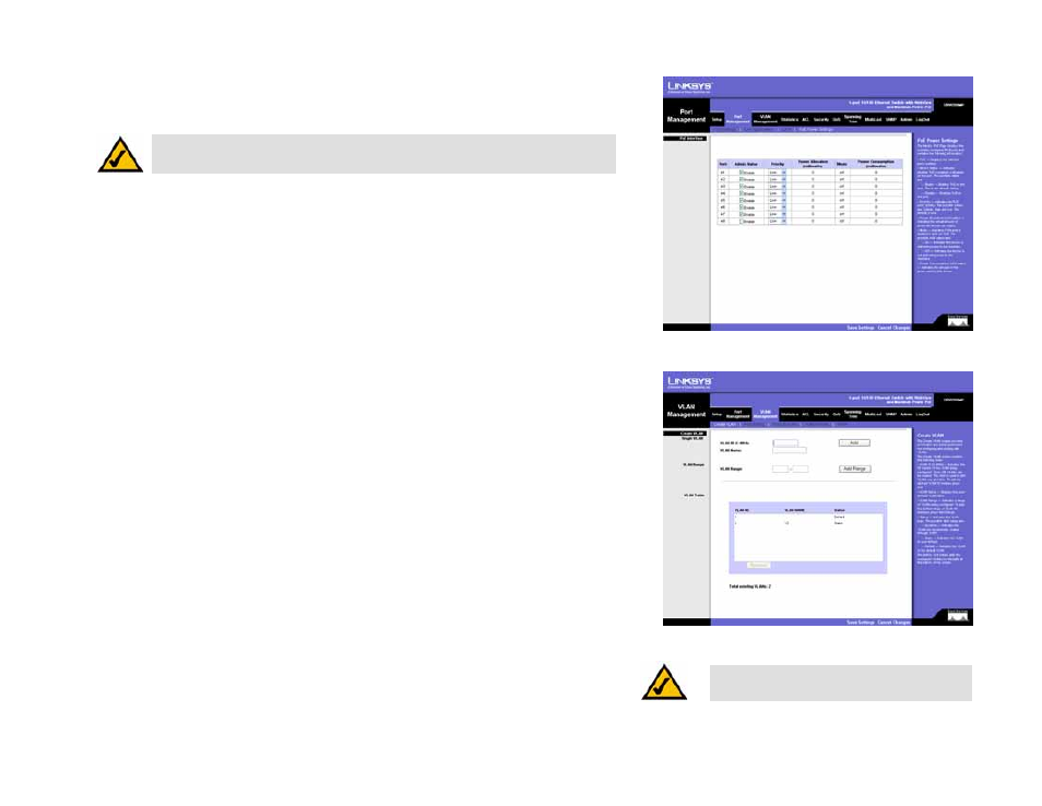 Port management tab - poe power settings, Vlan management tab - create vlan | Linksys SRW208 User Manual | Page 50 / 142