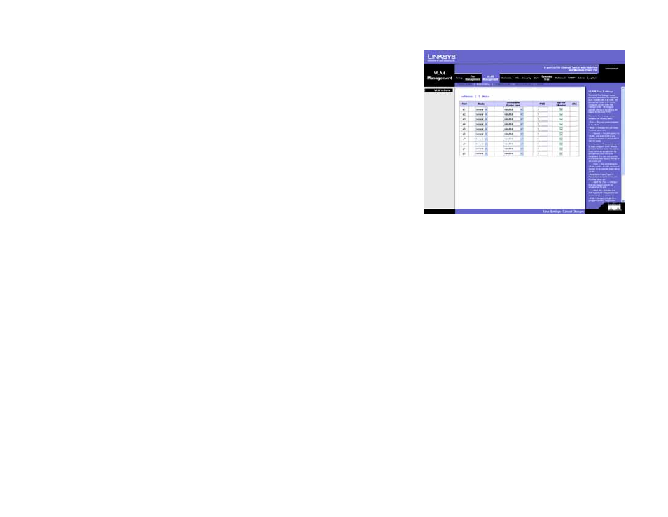 Vlan management tab - port settings | Linksys SRW208 User Manual | Page 51 / 142