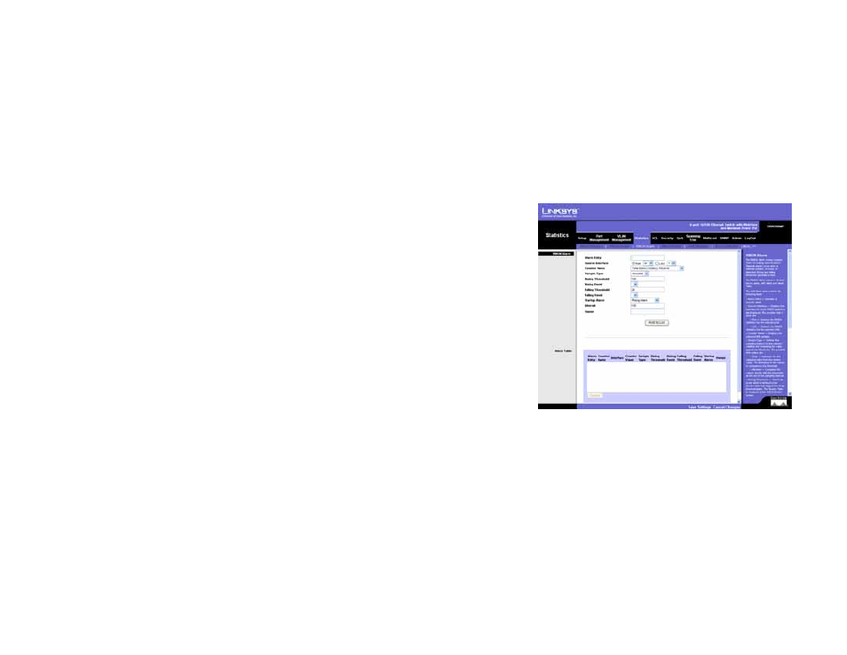 Statistics tab - rmon alarm | Linksys SRW208 User Manual | Page 58 / 142