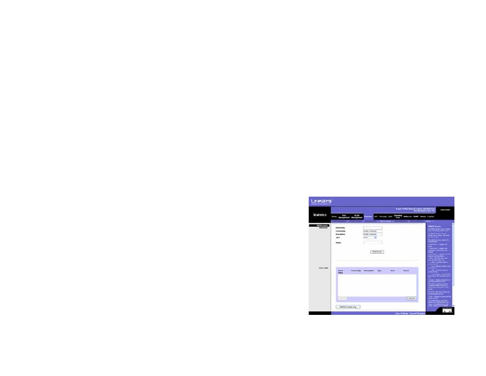 Statistics tab - rmon events | Linksys SRW208 User Manual | Page 59 / 142