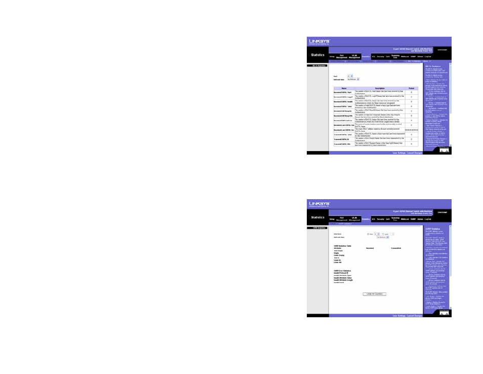 Statistics tab - 802.1x statistics, Statistics tab - gvrp statistics | Linksys SRW208 User Manual | Page 61 / 142