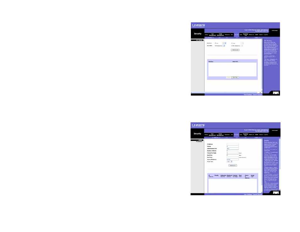 Security tab - acl binding, Security tab - radius | Linksys SRW208 User Manual | Page 66 / 142