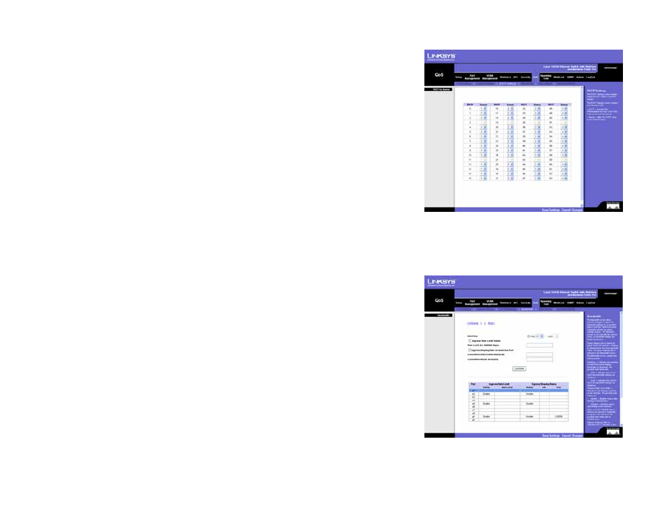 Qos tab - dscp settings, Qos tab - bandwidth | Linksys SRW208 User Manual | Page 74 / 142