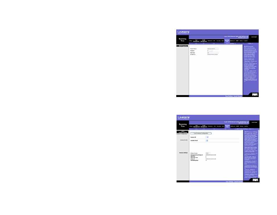 Spanning tree tab - mstp properties, Spanning tree tab - mstp instance settings | Linksys SRW208 User Manual | Page 83 / 142