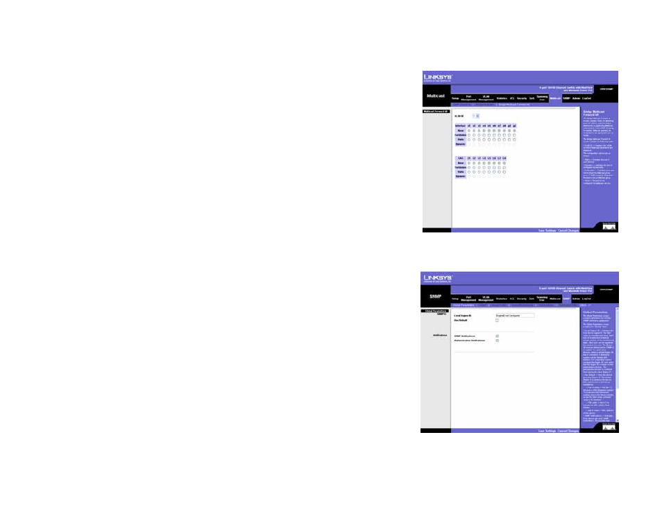 Multicast tab - bridge multicast forward all, Snmp tab - global parameters | Linksys SRW208 User Manual | Page 88 / 142