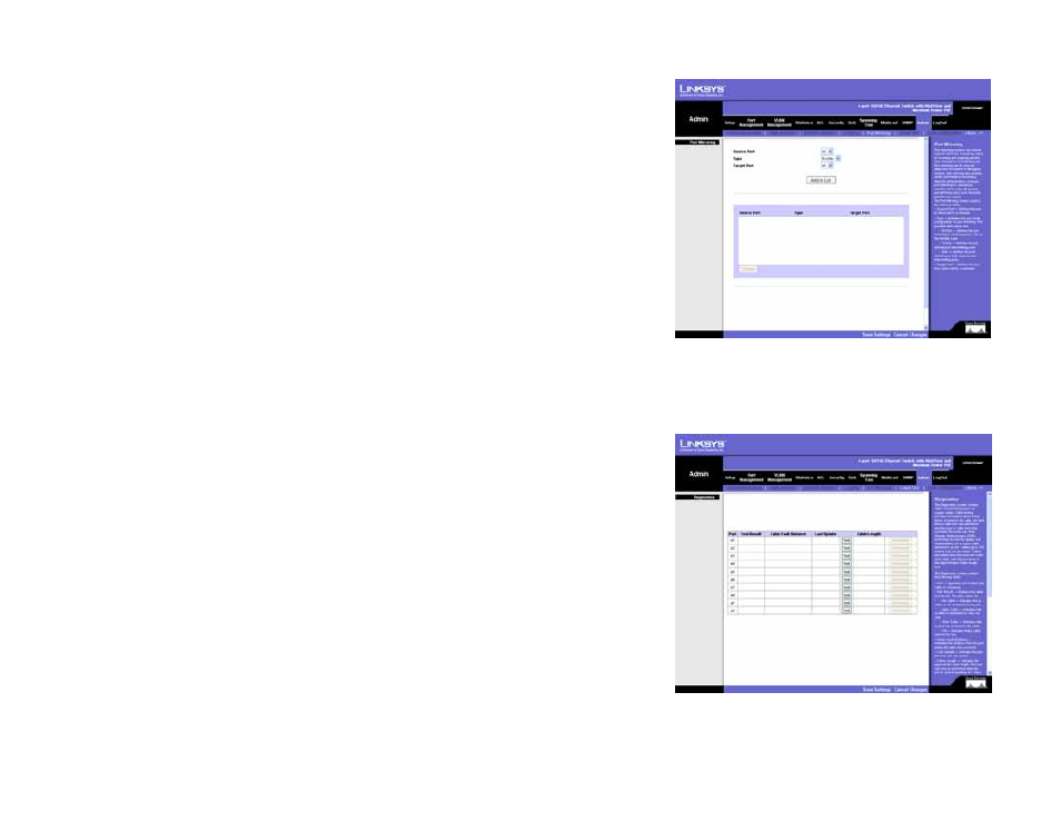 Admin tab - port mirroring, Admin tab - cable test | Linksys SRW208 User Manual | Page 99 / 142