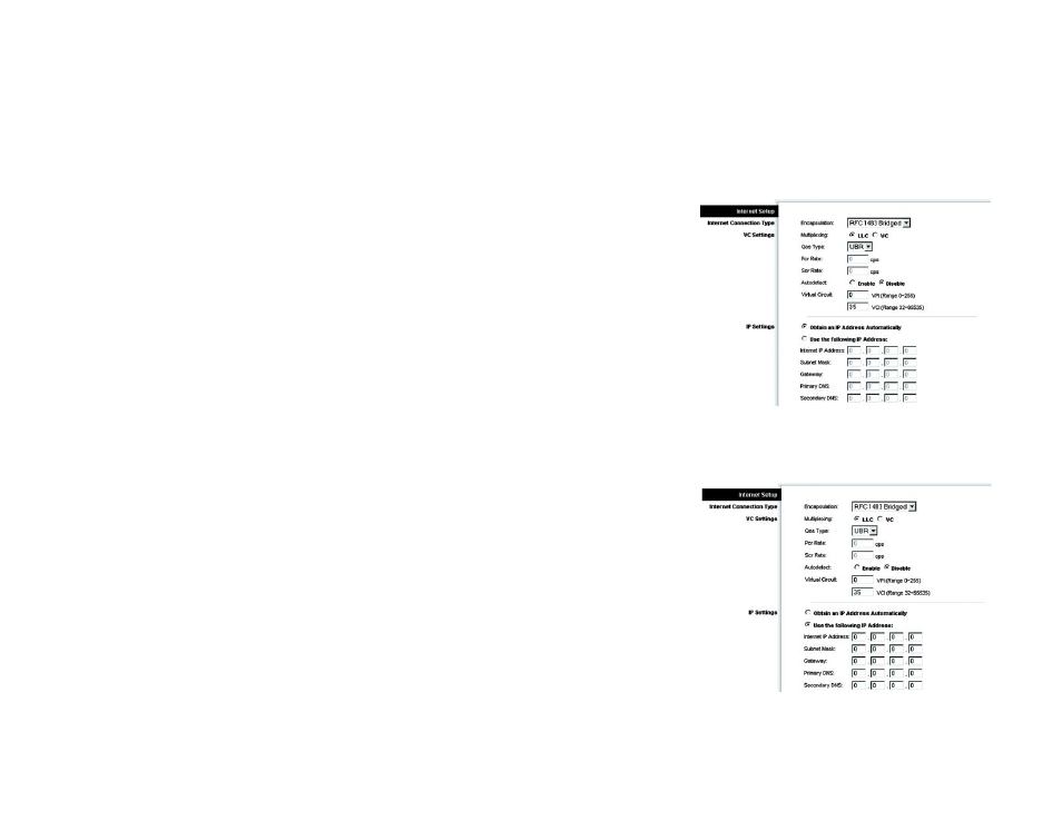 Figure 5-3: rfc 1483 bridged - dynamic ip, Figure 5-4: rfc 1483 bridged - static ip | Linksys HG200 User Manual | Page 21 / 90