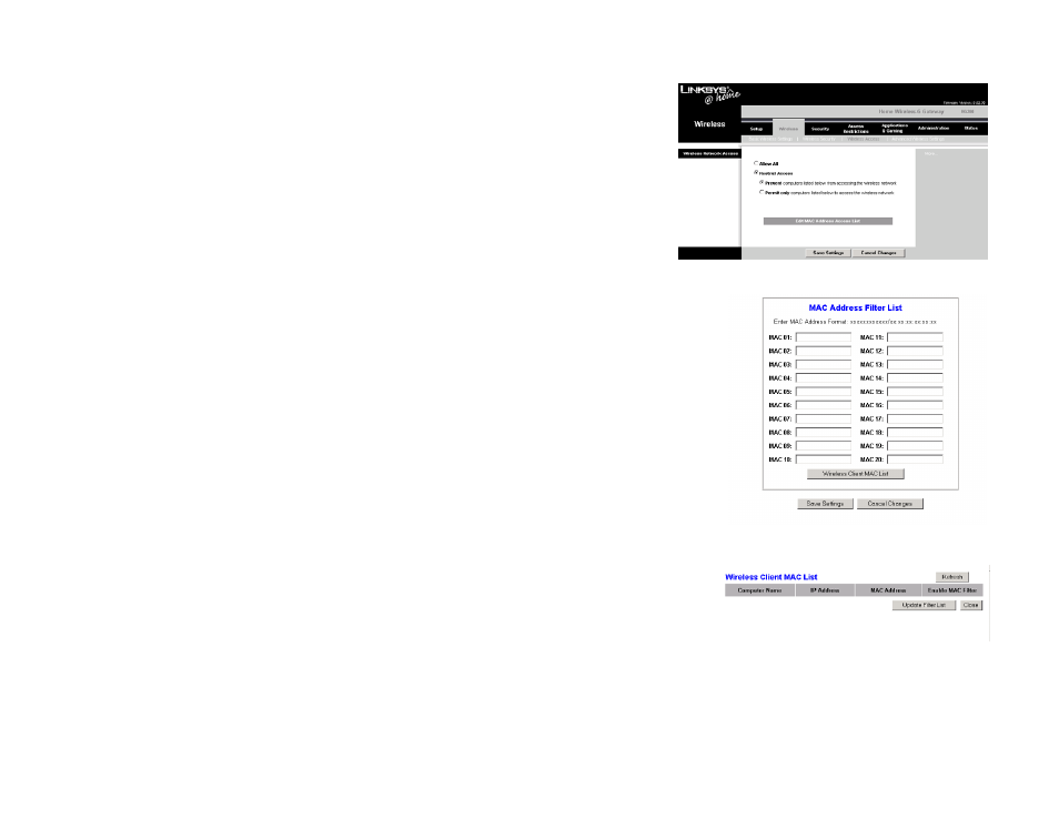 Figure 5-17: wireless network access, Figure 5-18: mac address filter list, Figure 5-19: wireless client mac list | Linksys HG200 User Manual | Page 32 / 90