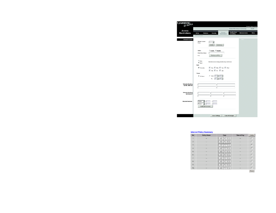Figure 5-23: internet access, Figure 5-24: internet policy summary, The access restrictions tab | Linksys HG200 User Manual | Page 36 / 90