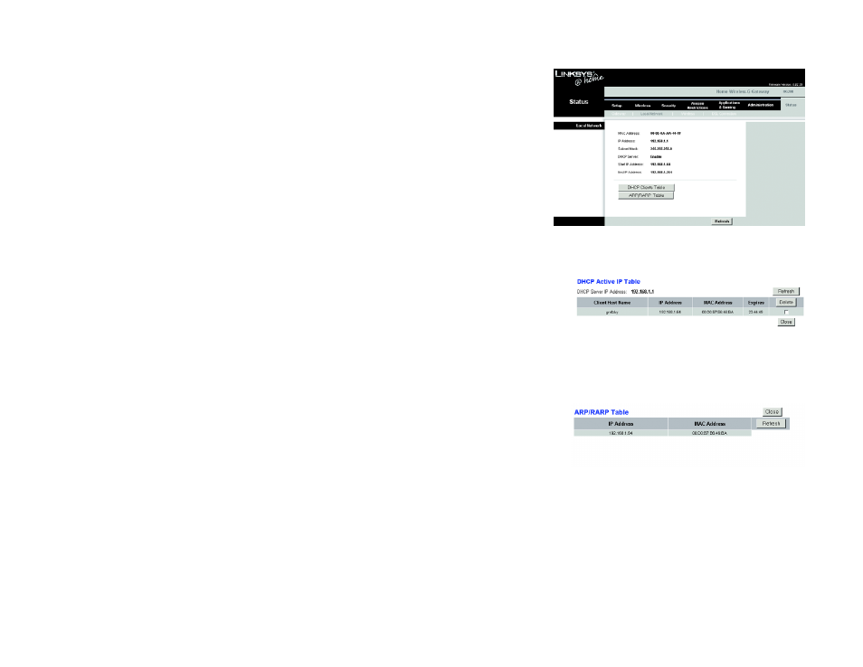 Figure 5-42: local network, Figure 5-43: dhcp active ip table, Figure 5-44: arp/rarp table | Linksys HG200 User Manual | Page 50 / 90