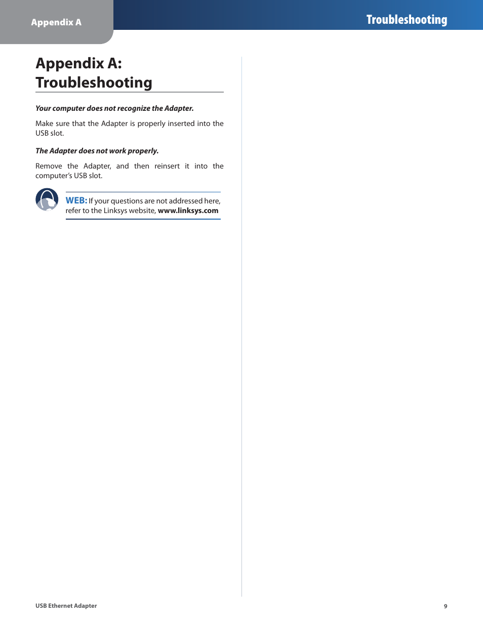 Appendix a: troubleshooting, Troubleshooting | Linksys USB300M User Manual | Page 10 / 31