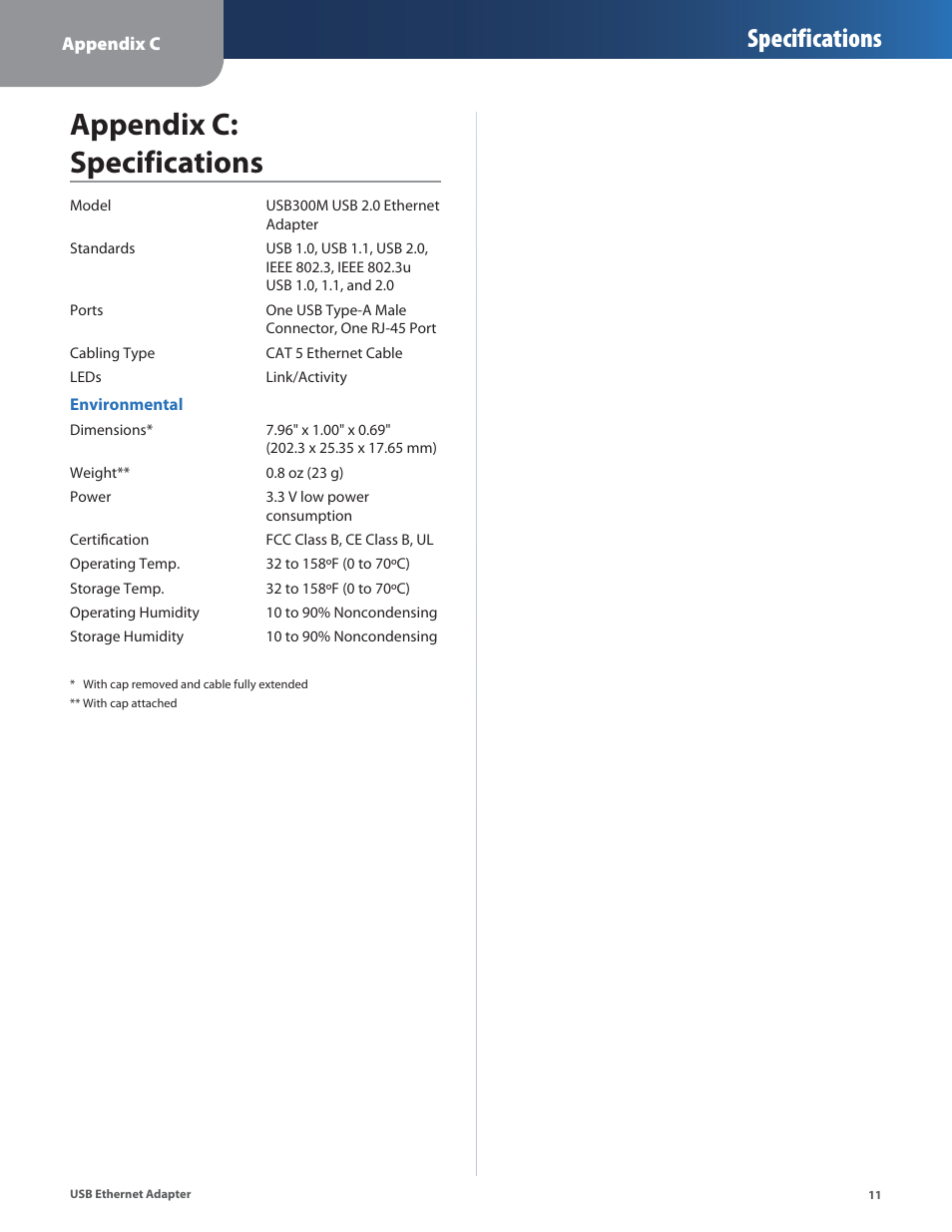 Appendix c: specifications, Specifications | Linksys USB300M User Manual | Page 12 / 31