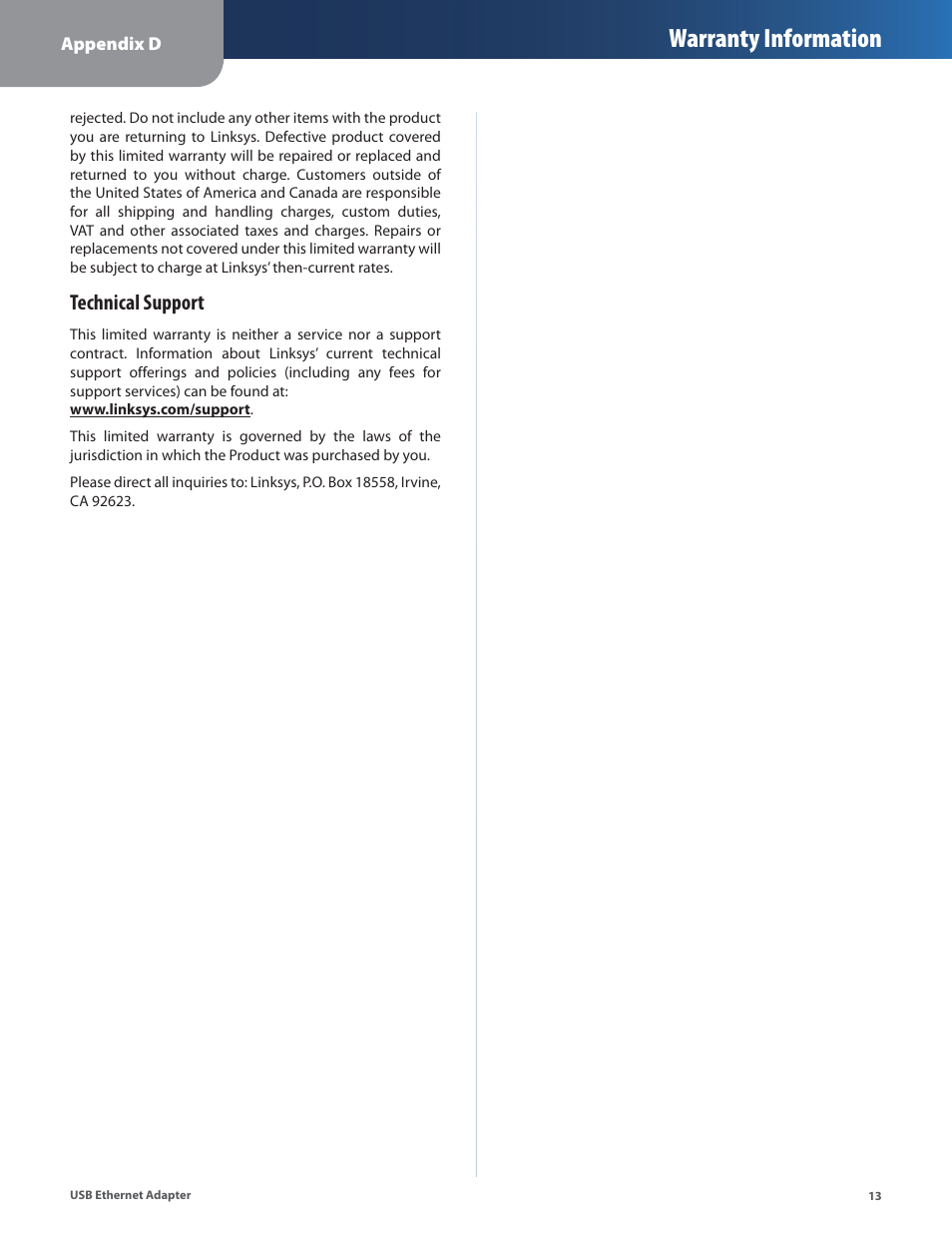 Warranty information, Technical support | Linksys USB300M User Manual | Page 14 / 31