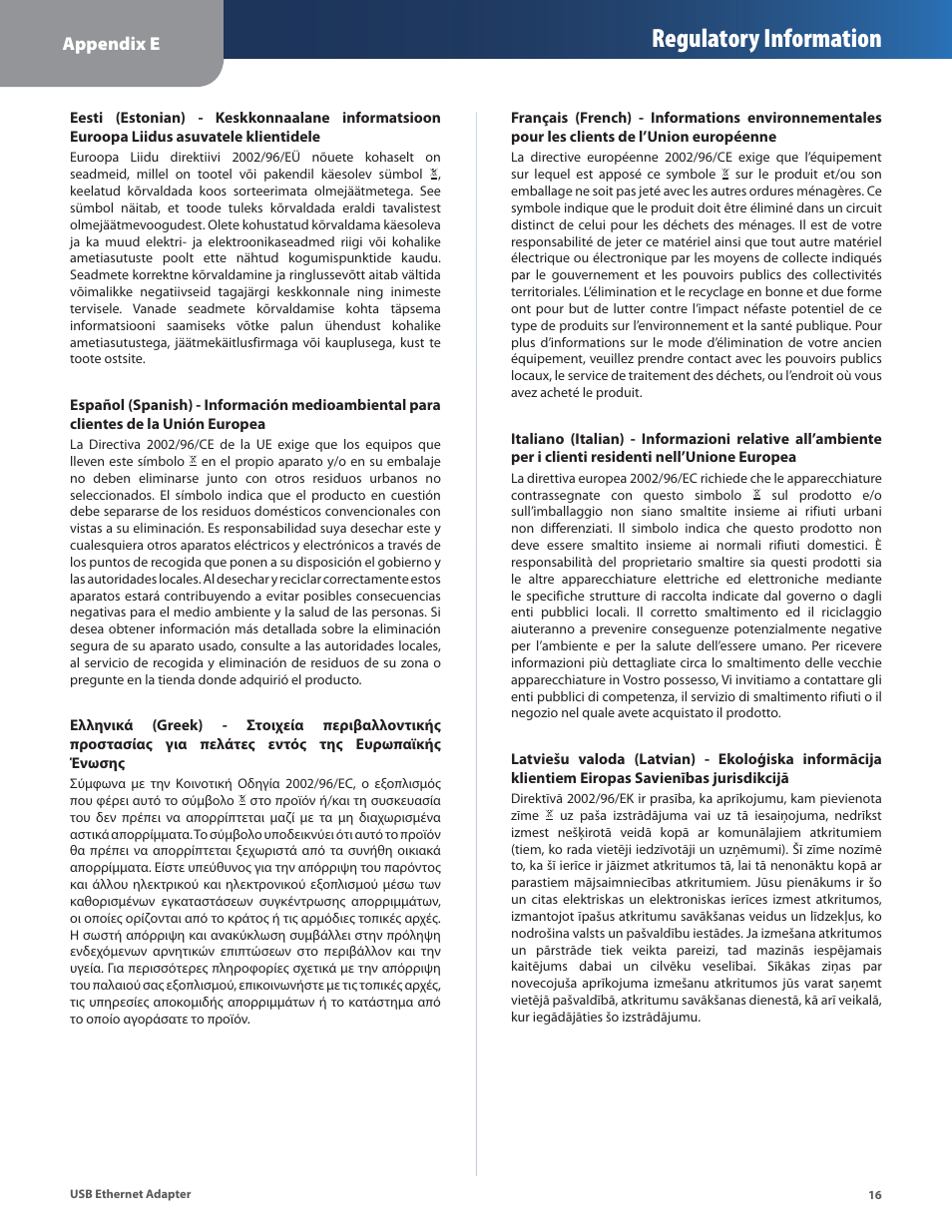 Regulatory information | Linksys USB300M User Manual | Page 17 / 31