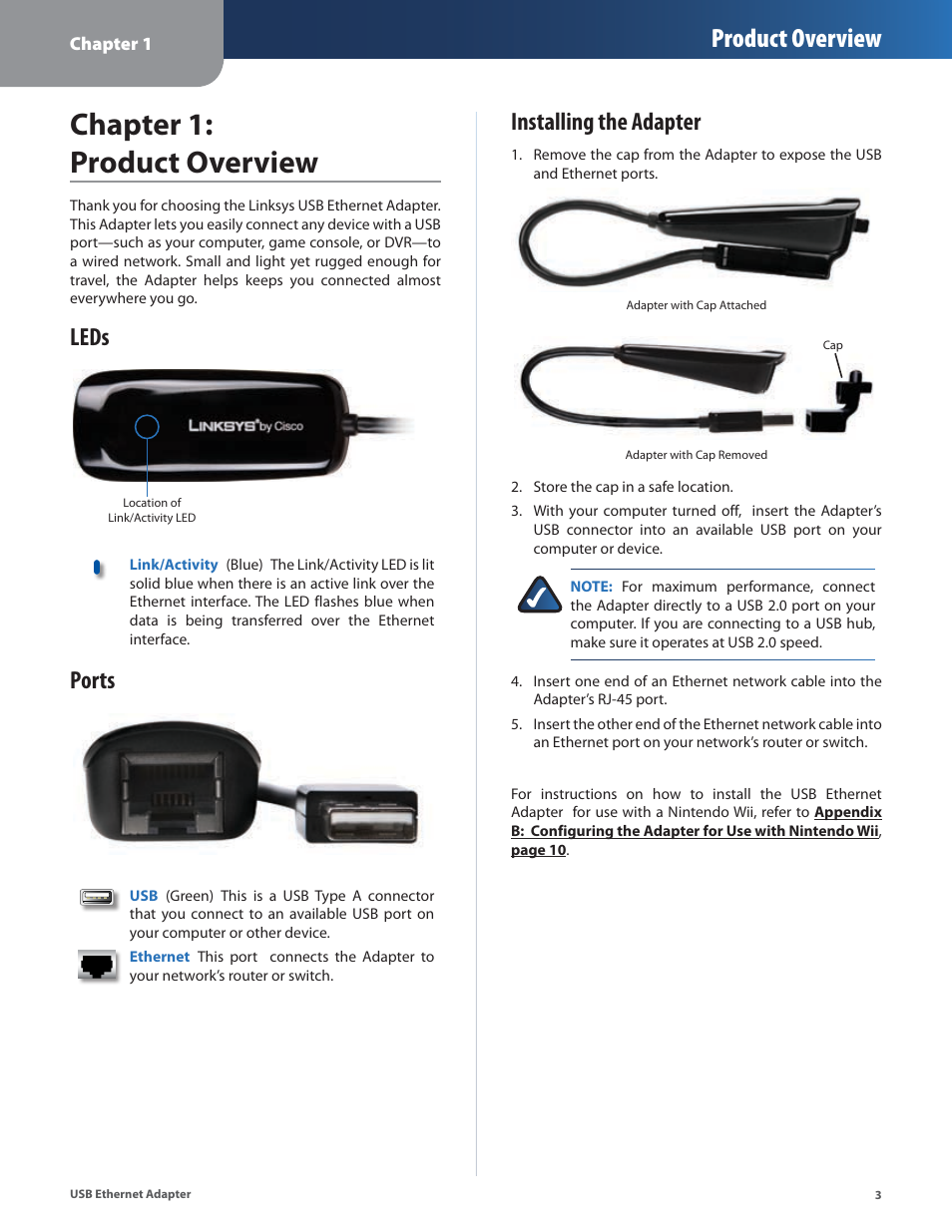 Chapter 1: product overview, Leds, Ports | Installing the adapter, Leds ports installing the adapter, Product overview | Linksys USB300M User Manual | Page 4 / 31