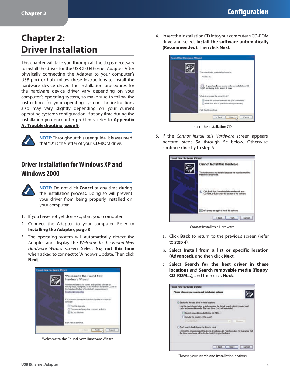 Chapter 2: driver installation, Configuration | Linksys USB300M User Manual | Page 5 / 31
