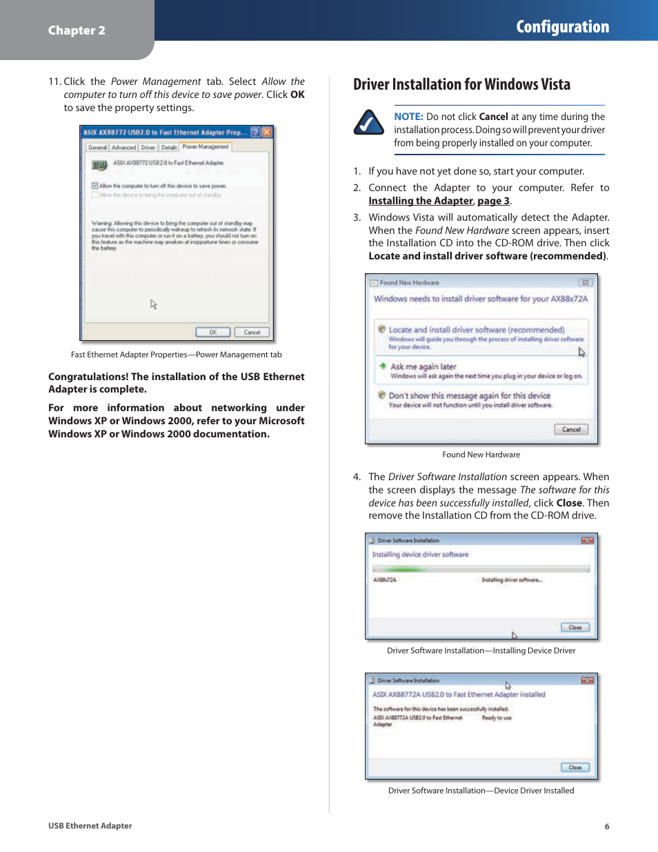Driver installation for windows vista, Configuration | Linksys USB300M User Manual | Page 7 / 31