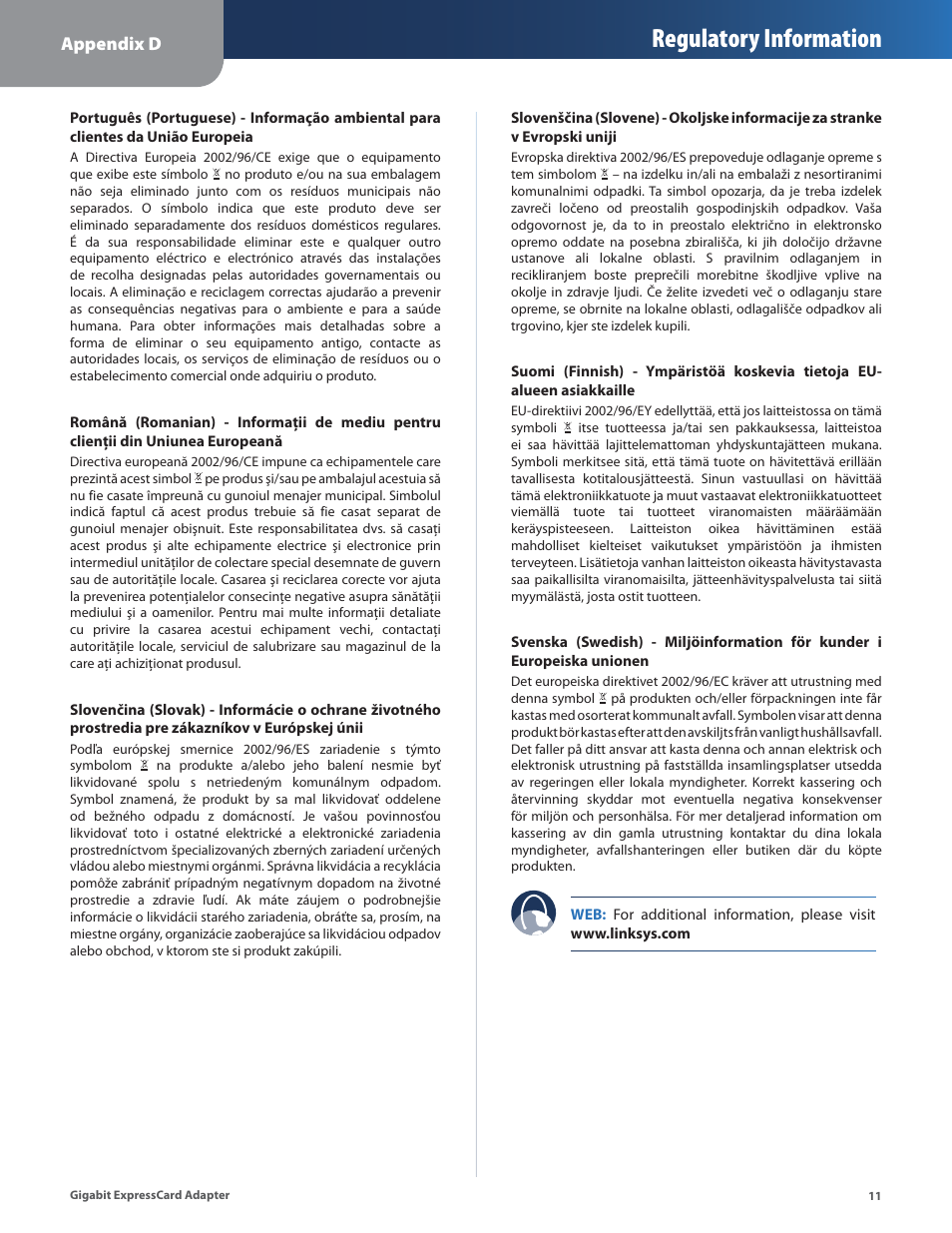 Regulatory information | Linksys EC1000 User Manual | Page 15 / 27