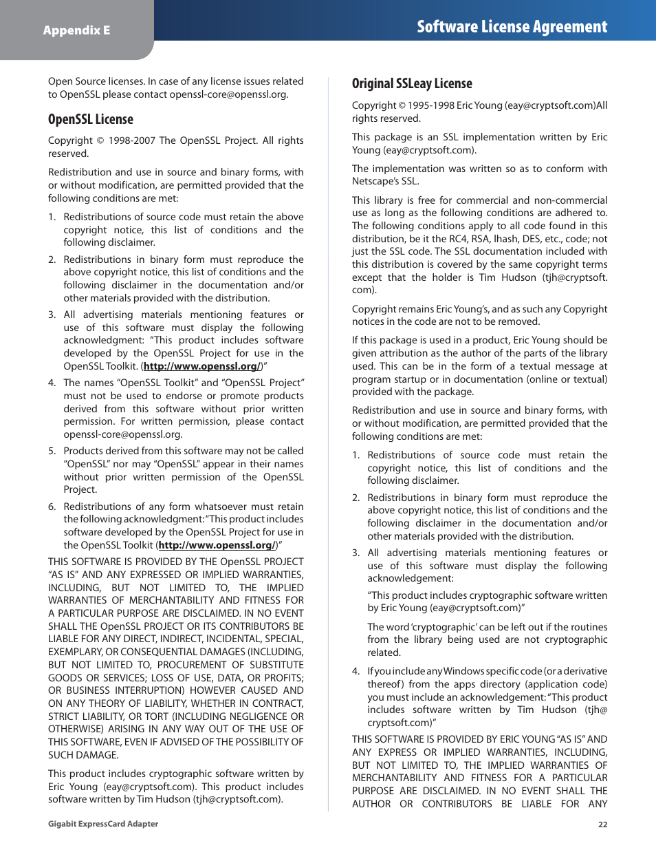 Software license agreement, Openssl license, Original ssleay license | Linksys EC1000 User Manual | Page 26 / 27