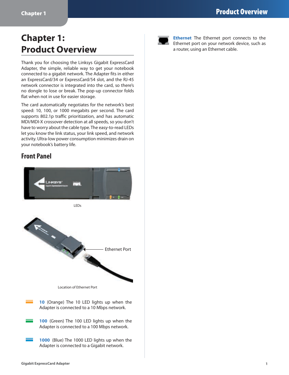 Chapter 1: product overview, Front panel, Product overview | Linksys EC1000 User Manual | Page 5 / 27