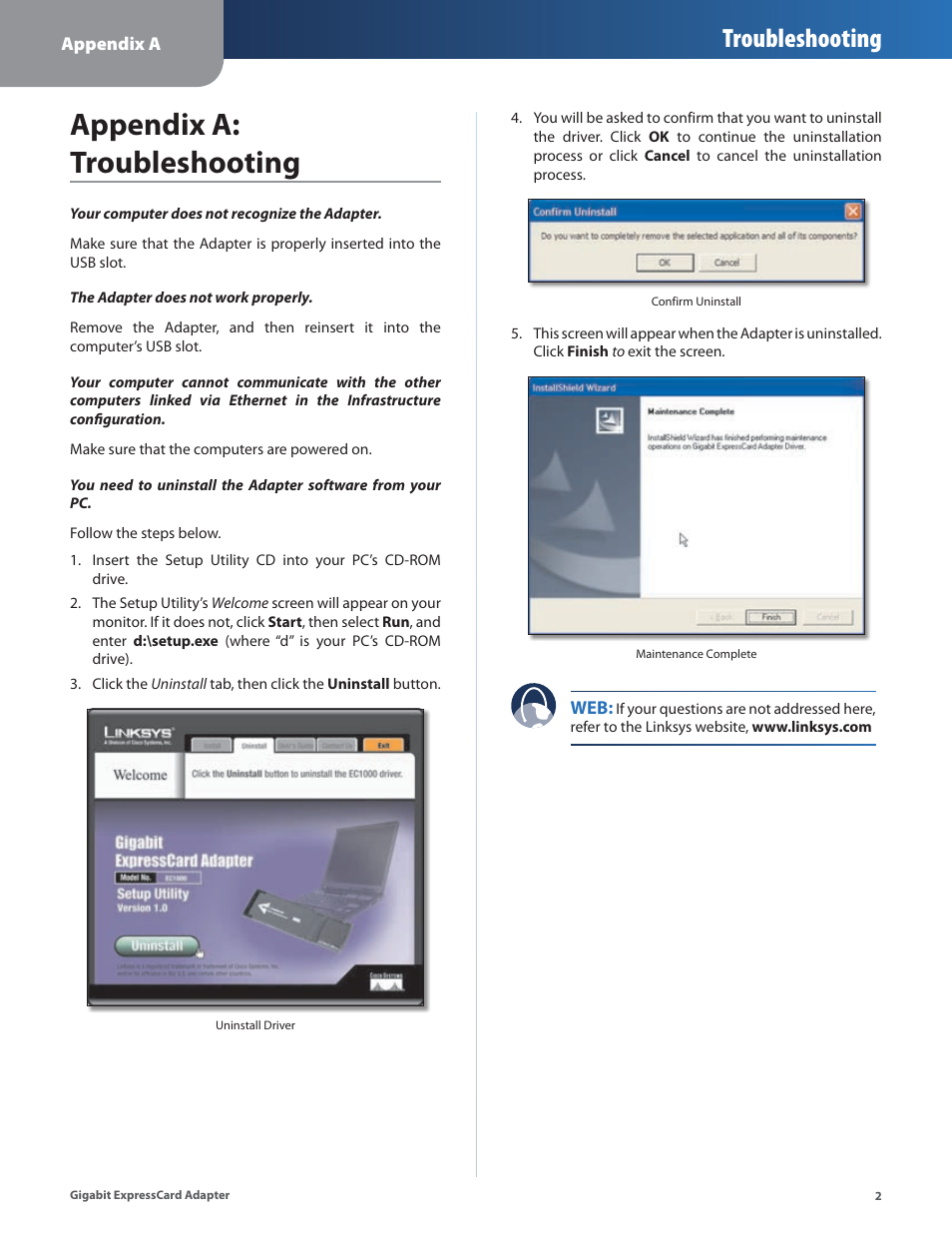 Appendix a: troubleshooting, Troubleshooting | Linksys EC1000 User Manual | Page 6 / 27