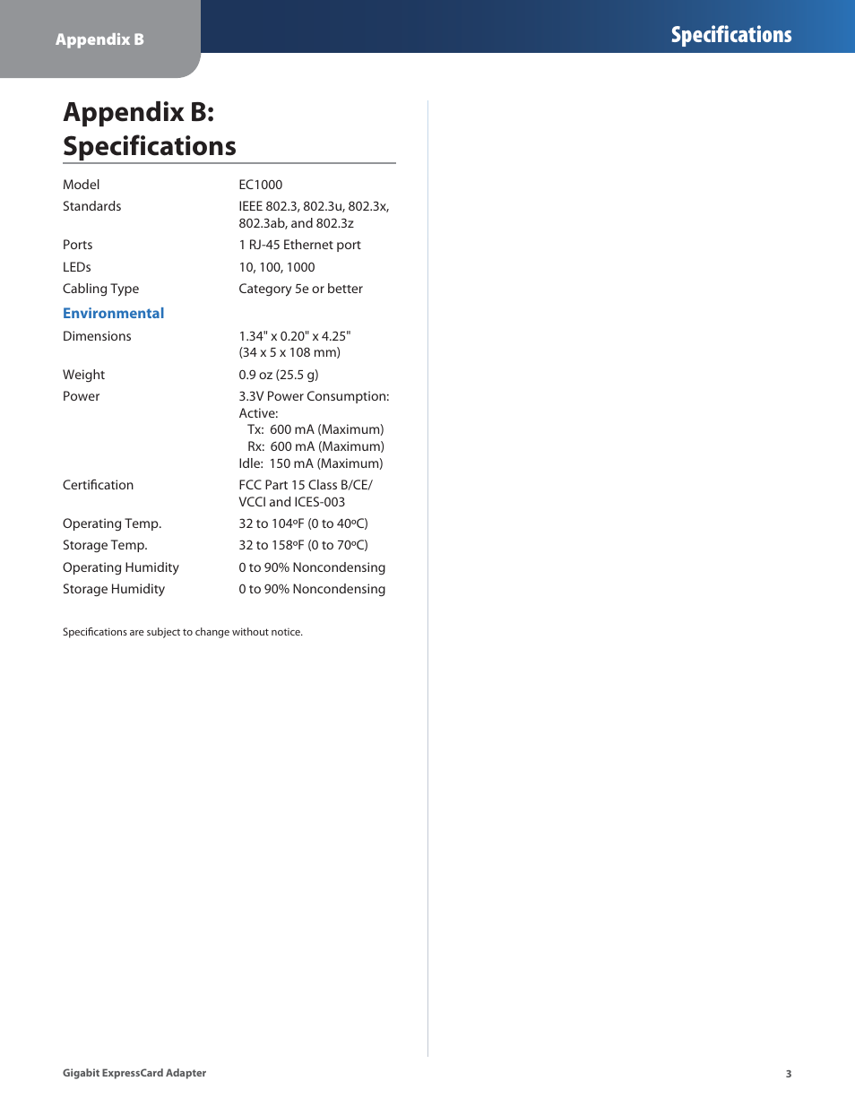 Appendix b: specifications, Specifications | Linksys EC1000 User Manual | Page 7 / 27