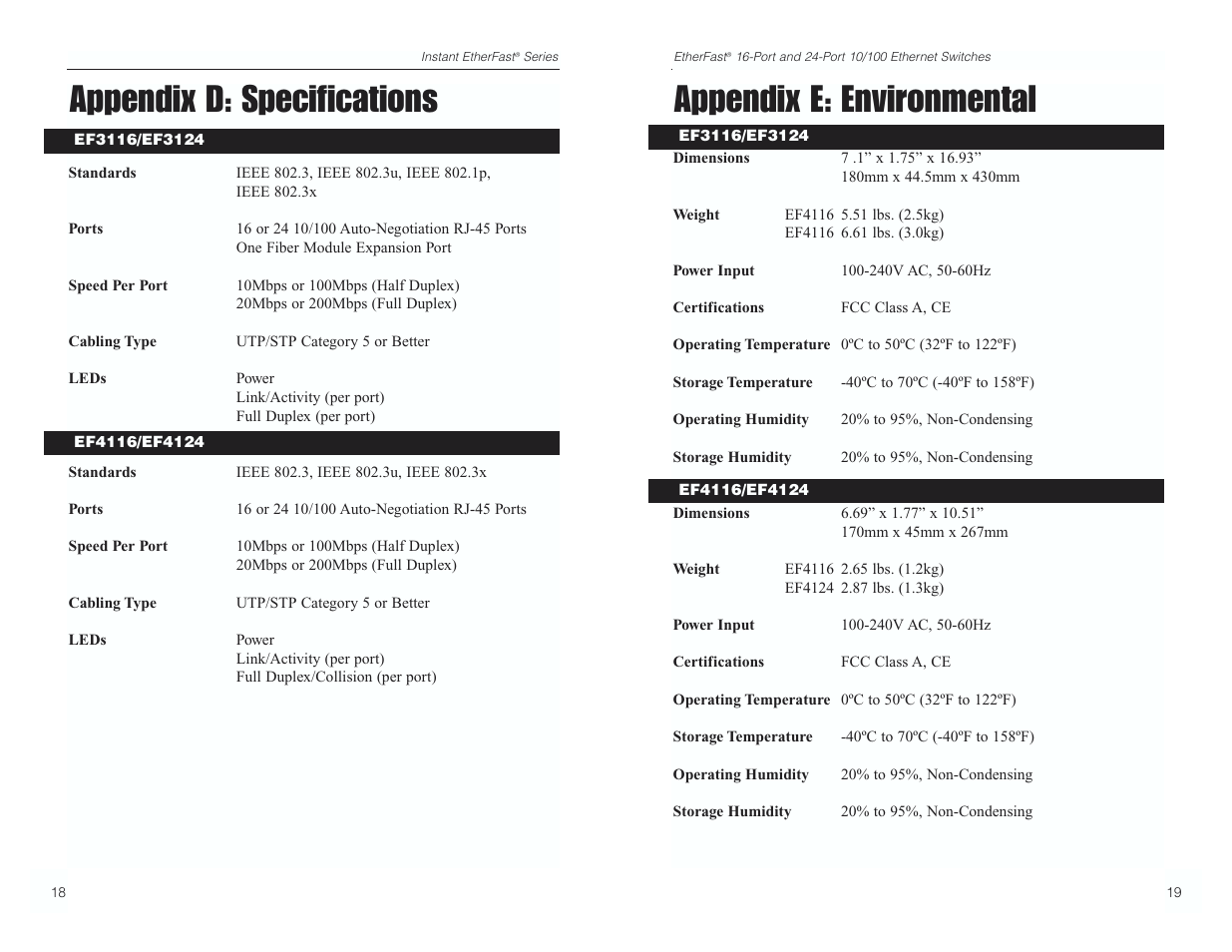 Appendix d: specifications, Appendix e: environmental | Linksys ETHERFAST EF4124 User Manual | Page 12 / 14