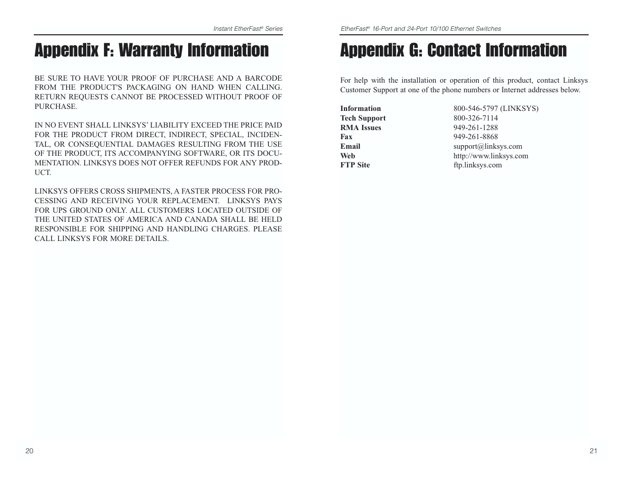 Appendix f: warranty information, Appendix g: contact information | Linksys ETHERFAST EF4124 User Manual | Page 13 / 14