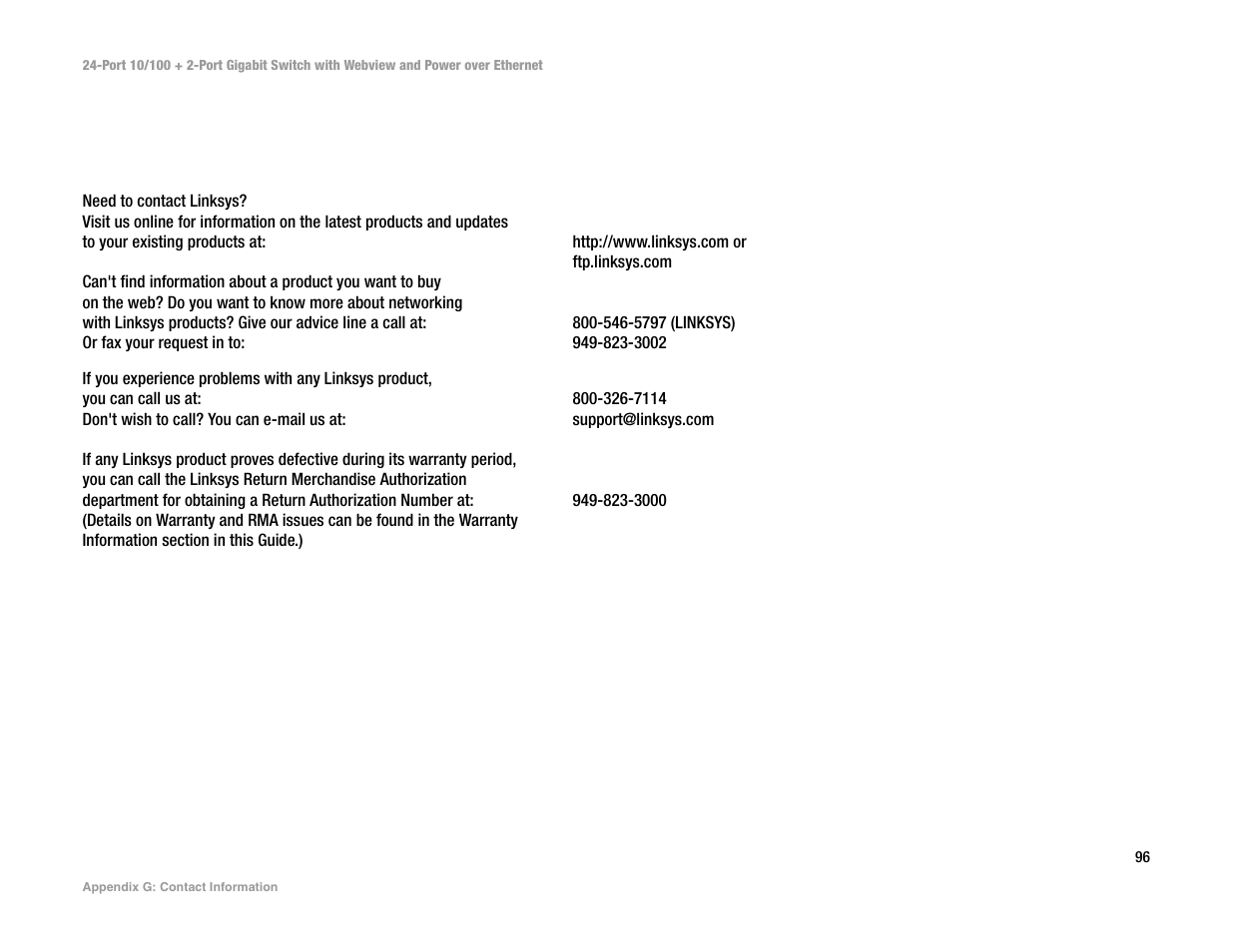 Appendix g: contact information | Linksys SRW224P User Manual | Page 104 / 104