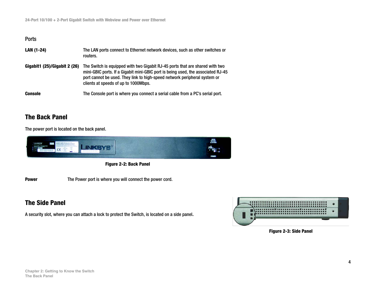 The back panel, The side panel | Linksys SRW224P User Manual | Page 12 / 104