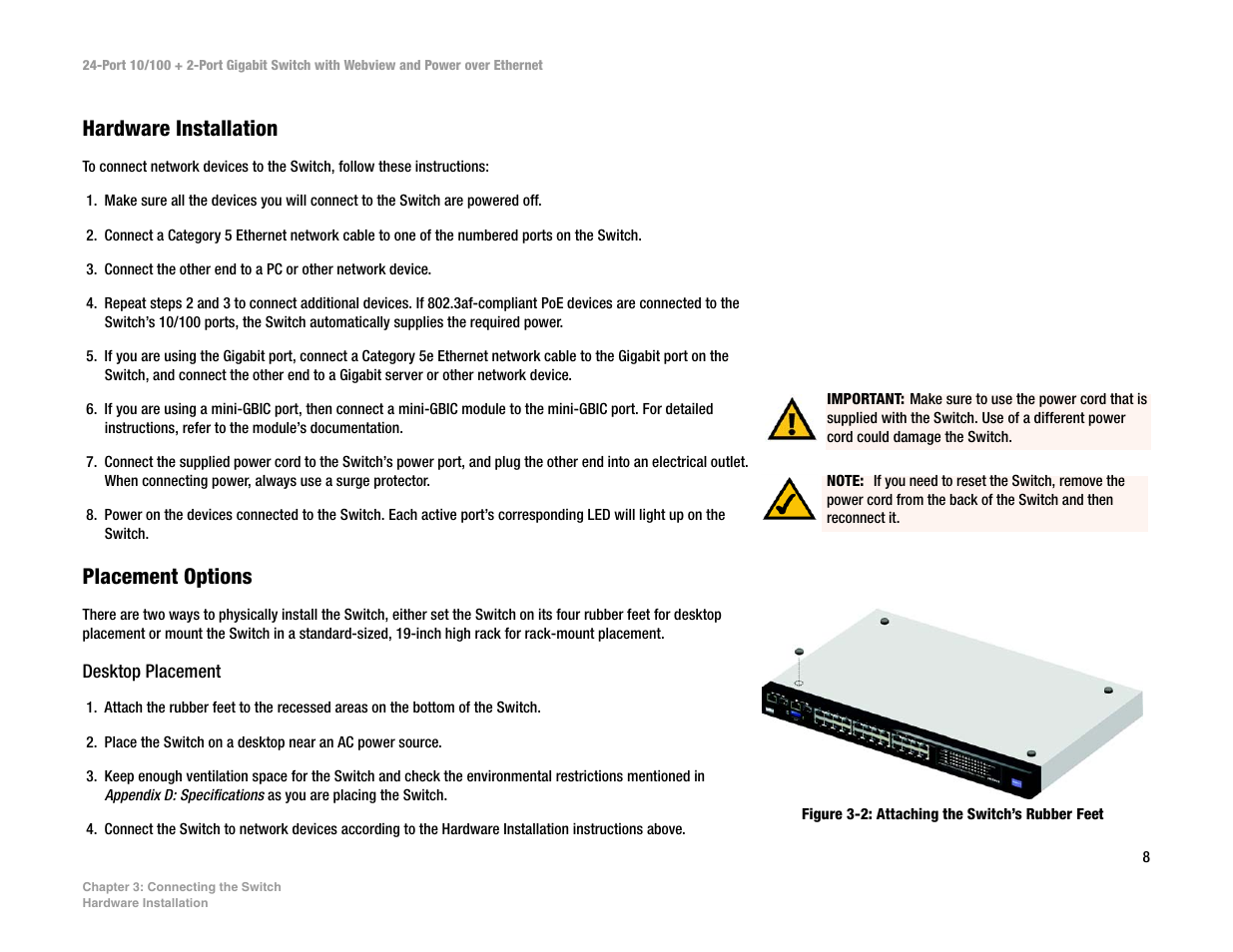 Hardware installation, Placement options | Linksys SRW224P User Manual | Page 16 / 104