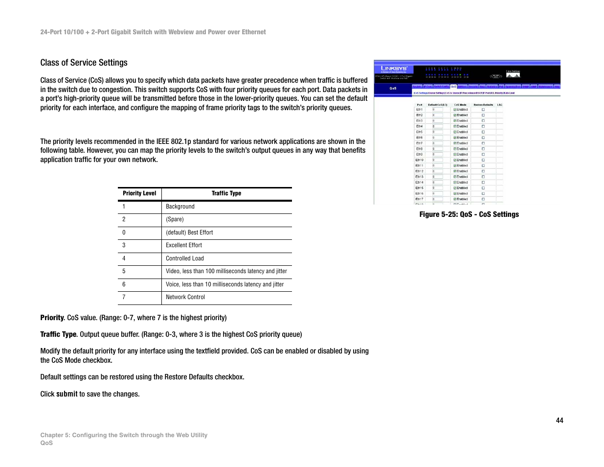 Class of service settings, Table 1 | Linksys SRW224P User Manual | Page 52 / 104