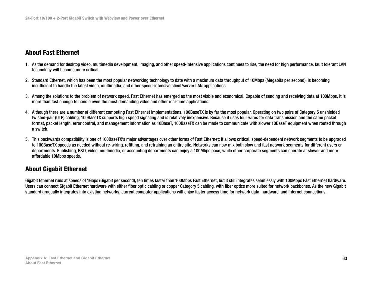 Appendix a: fast ethernet and gigabit ethernet | Linksys SRW224P User Manual | Page 91 / 104