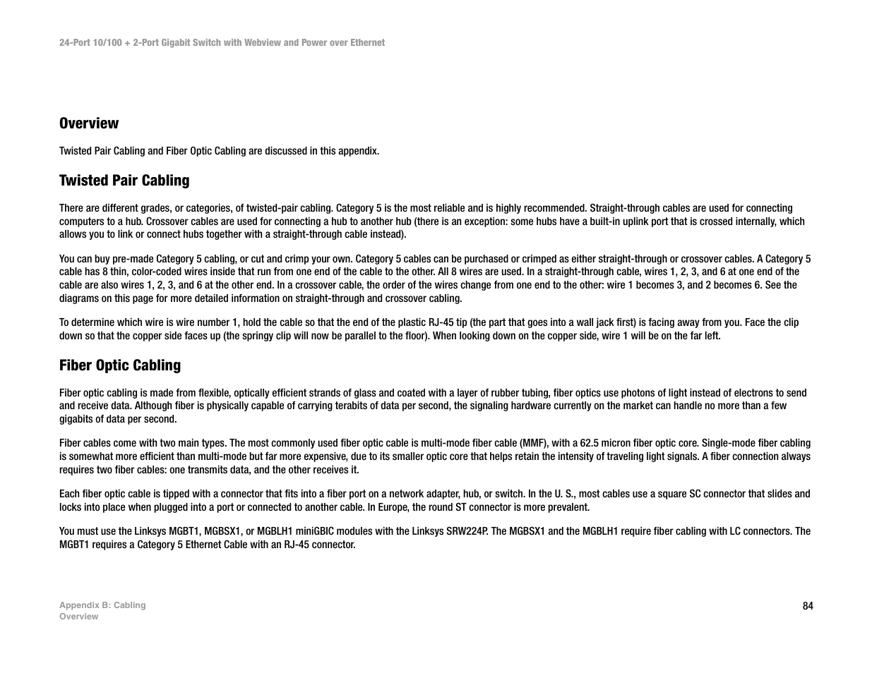 Appendix b: cabling | Linksys SRW224P User Manual | Page 92 / 104
