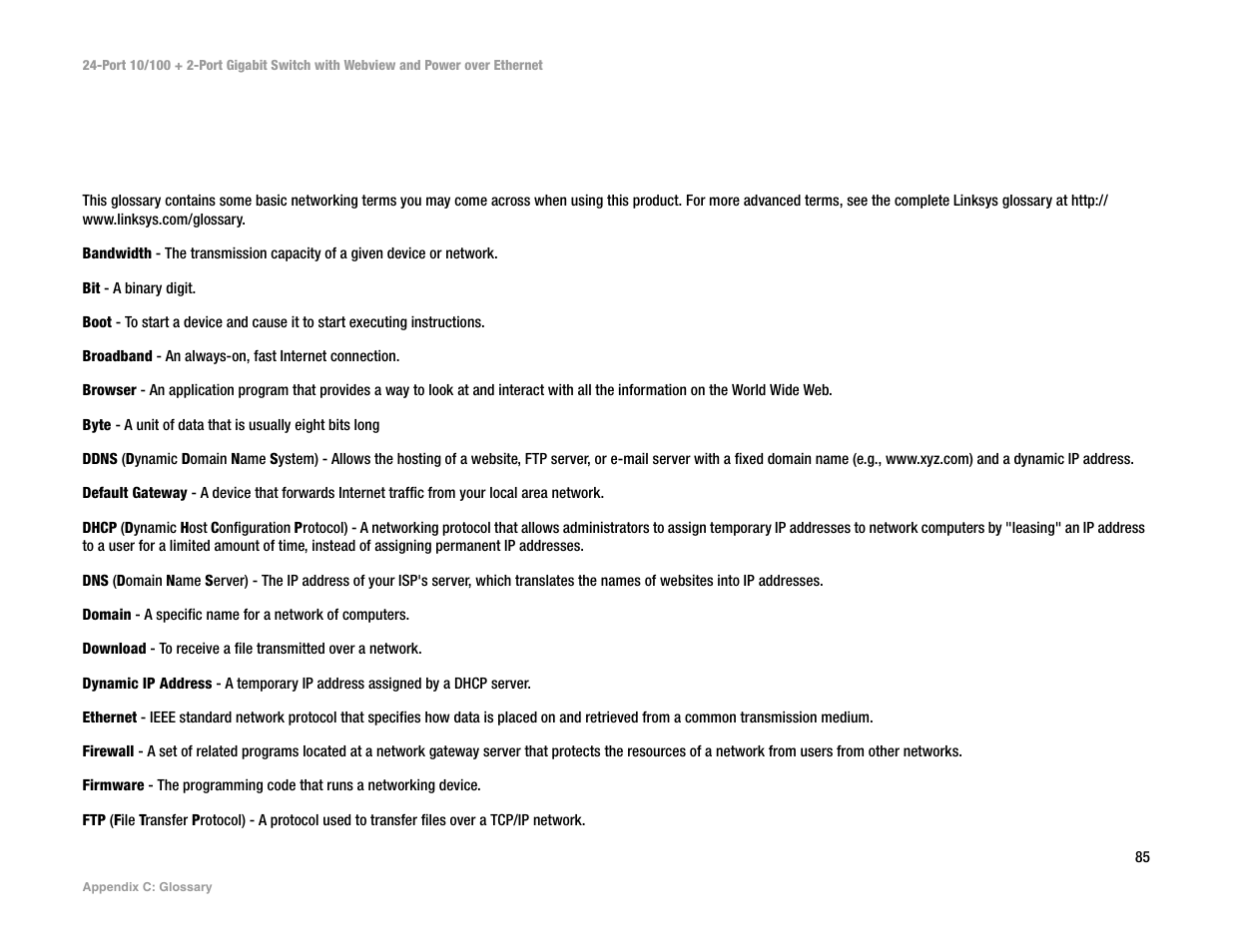 Appendix c: glossary | Linksys SRW224P User Manual | Page 93 / 104