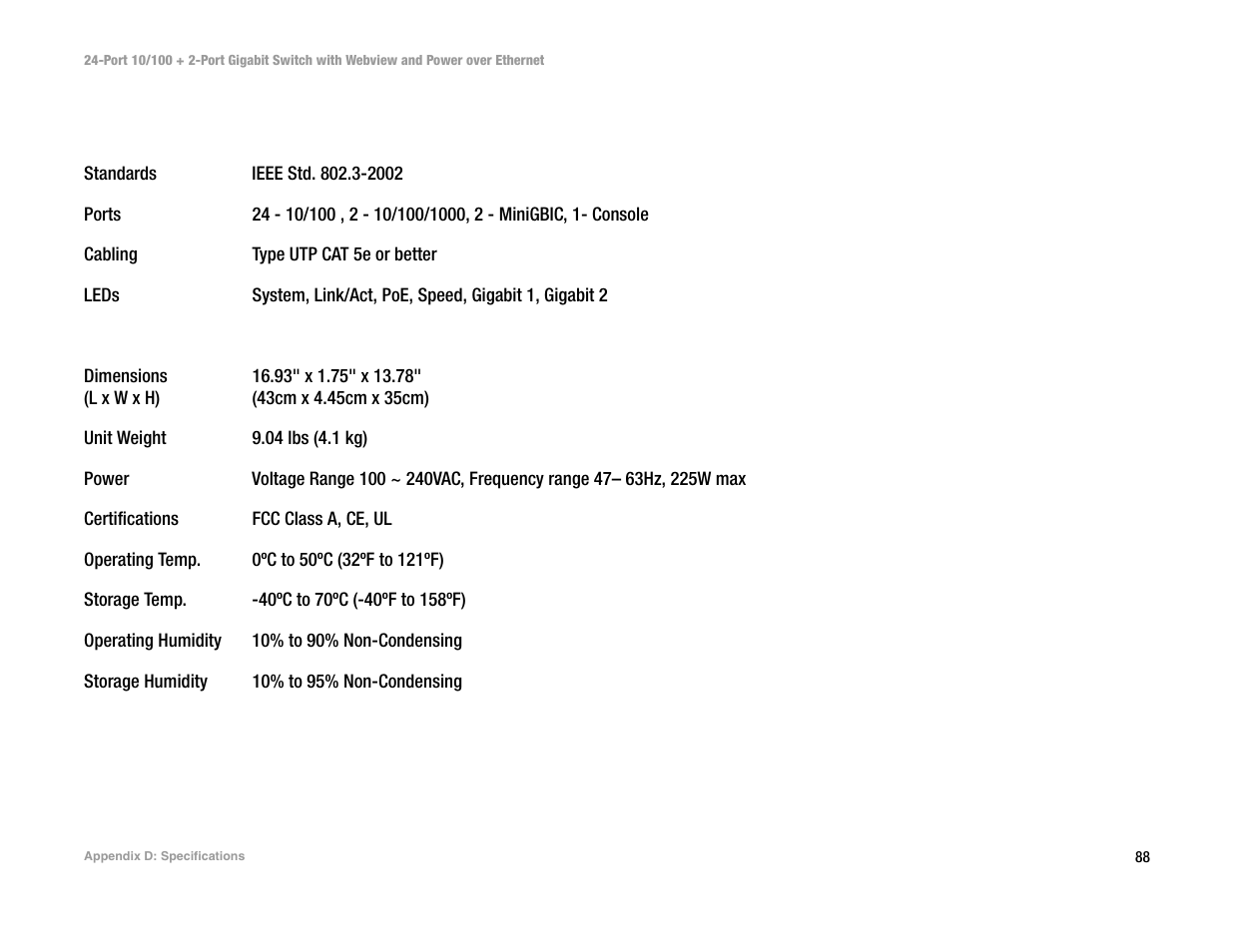 Appendix d: specifications | Linksys SRW224P User Manual | Page 96 / 104