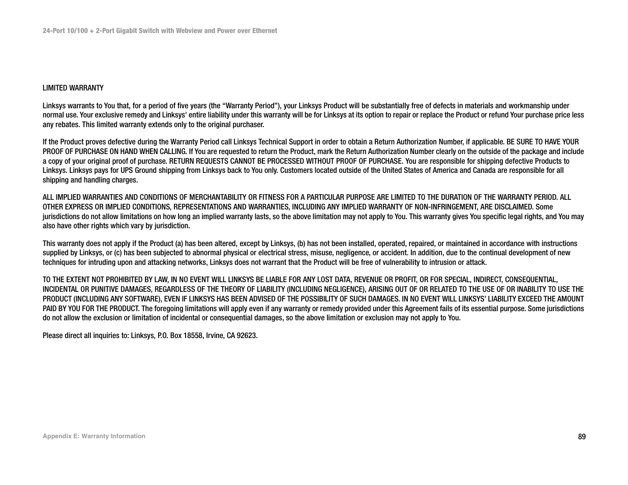 Appendix e: warranty information | Linksys SRW224P User Manual | Page 97 / 104