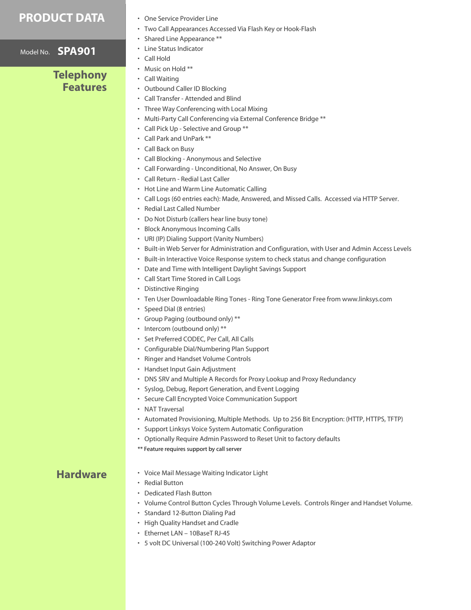 Product data, Spa901, Telephony features hardware | Linksys SPA901 User Manual | Page 2 / 4