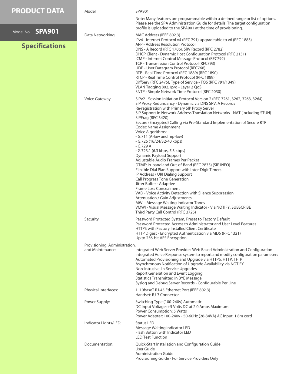 Product data, Spa901, Specifications | Linksys SPA901 User Manual | Page 3 / 4